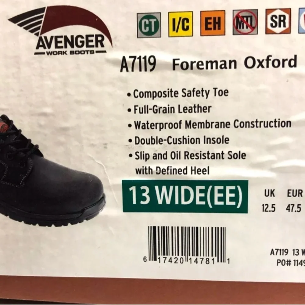 Avenger Mens Waterproof Oxford Black Leather Size 13 EE